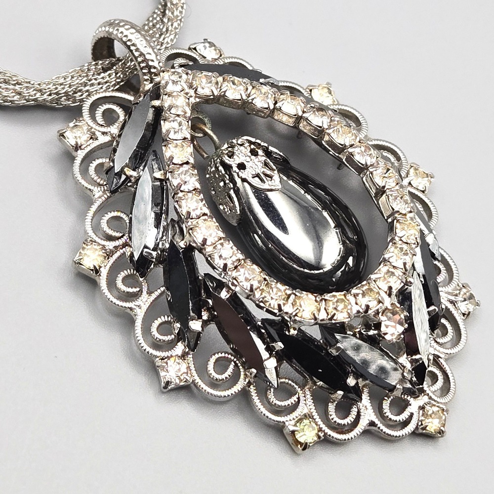Vintage Juliana Pendant Necklace Silver Tone Black Rhinestone Hematite Teardrop
